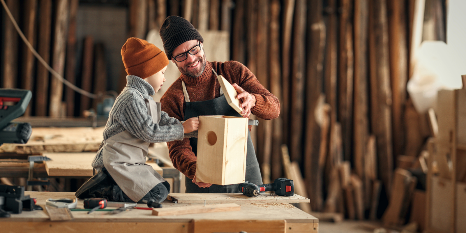 Dad and son working in woodshop